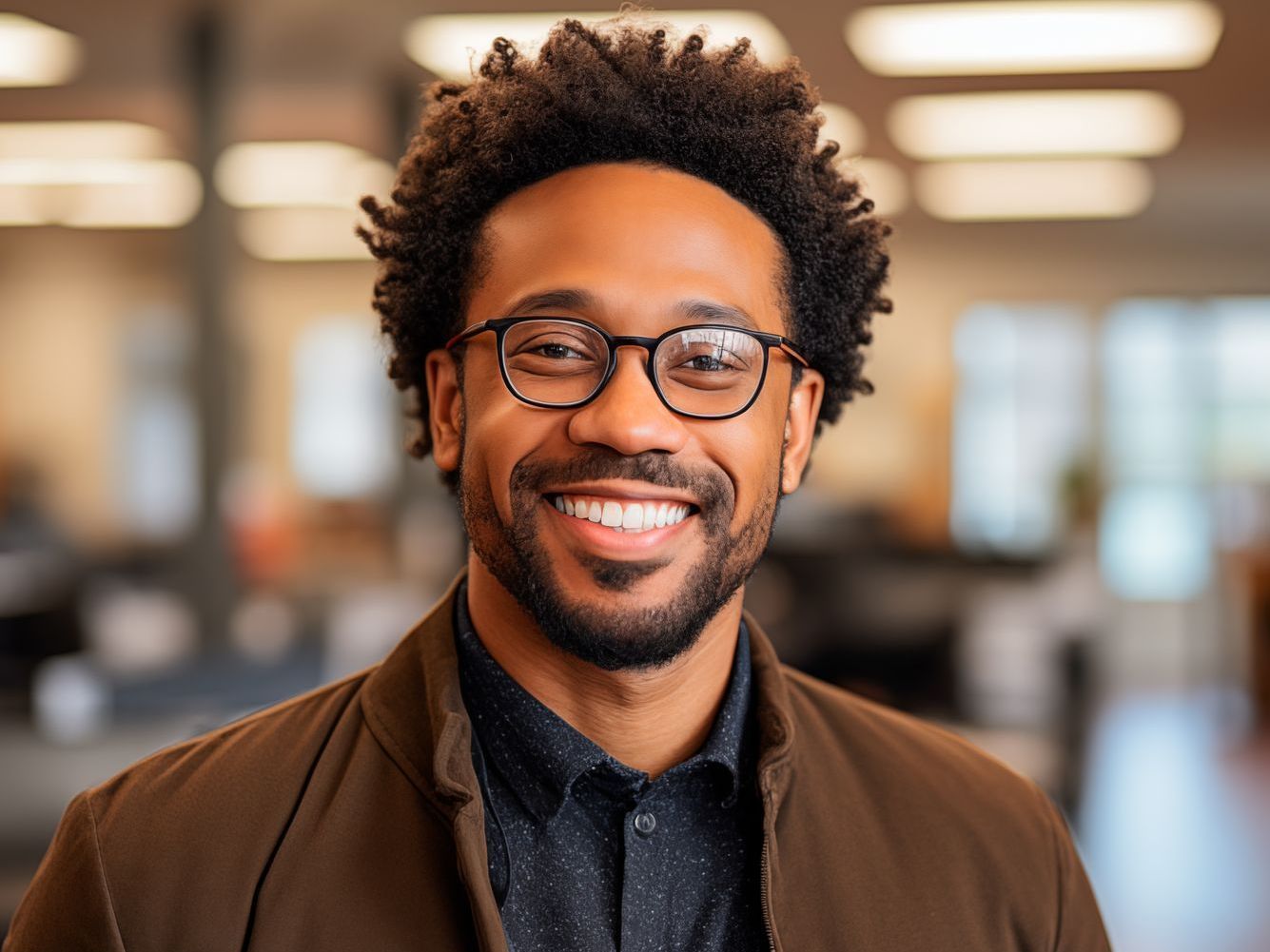 A man wearing glasses and a suit jacket is smiling for the camera.