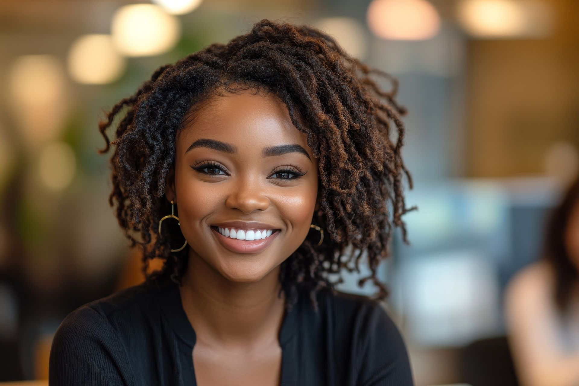 A woman wearing glasses and a suit is smiling.