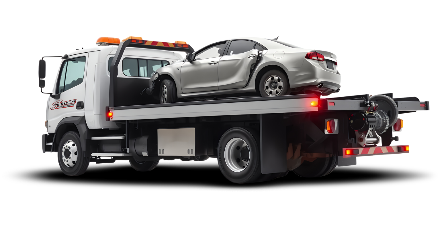 A tow truck with a car on the back of it.