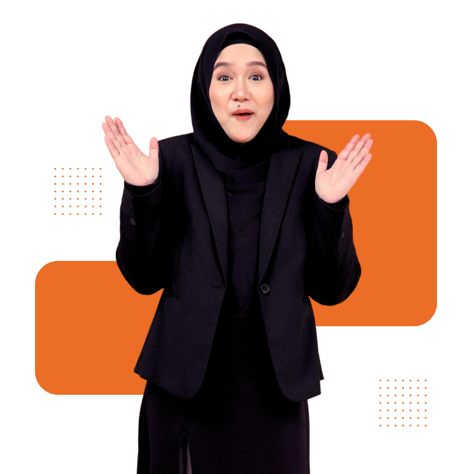A woman wearing a hijab and a black jacket is standing with her hands in the air.