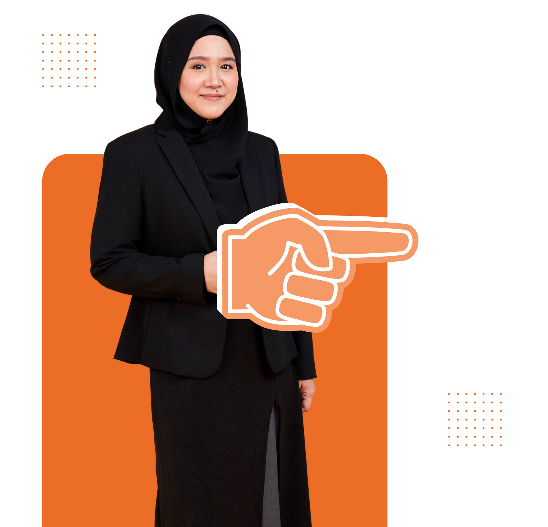 A woman in a black suit and hijab is pointing with her finger.
