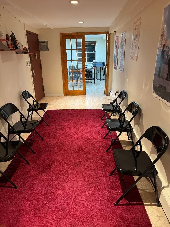 A row of folding chairs are lined up in a room with a red rug.