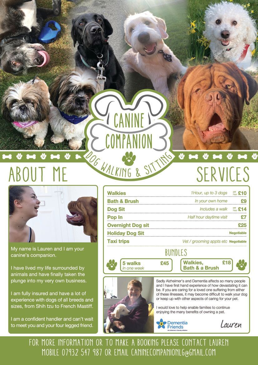 Flyer: Canine Companion offers dog walking & pet sitting. Features photos of dogs and service pricing.
