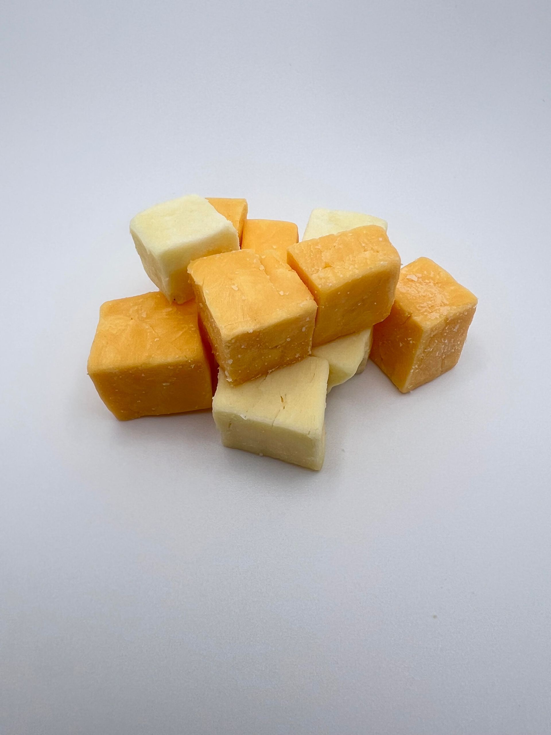 Small arrangement of freeze-dried cheddar cheese treats