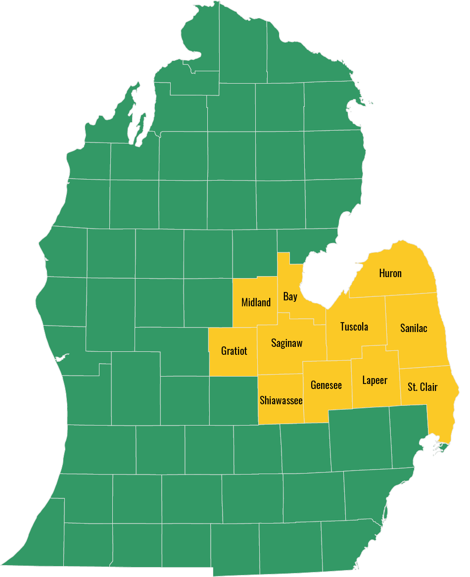 Map of Michigan highlighting the counties Historical photos of John P. O’Sullivan Distributing, Inc. service.