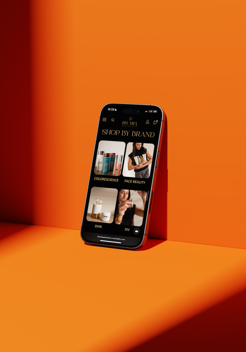 A smartphone displaying a shopping app interface stands against a vibrant orange background.