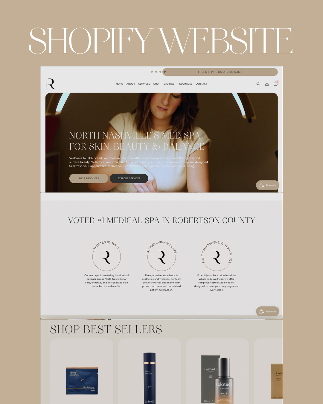 Shopify website mockup with woman at desk, neutral color scheme, showcasing products.