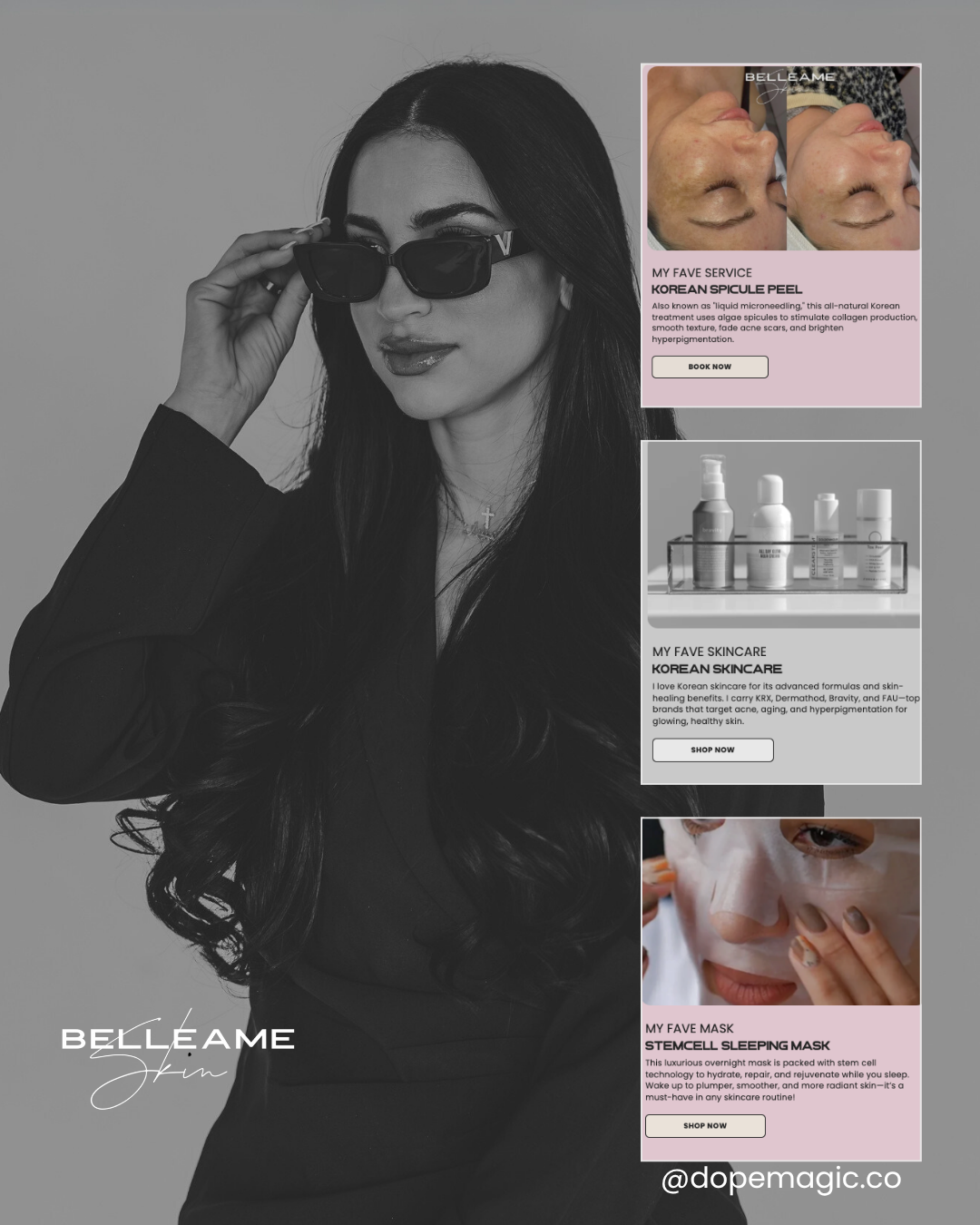 Woman smiles, holding a tablet displaying a website. Green background with text