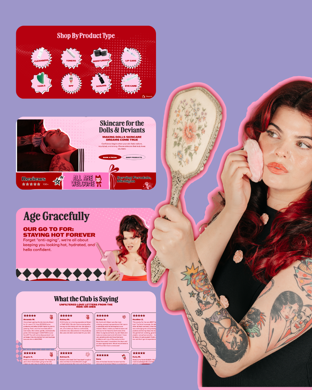 Woman with tattoos holding mirror, next to skincare tips. Pink and red graphics on purple background.