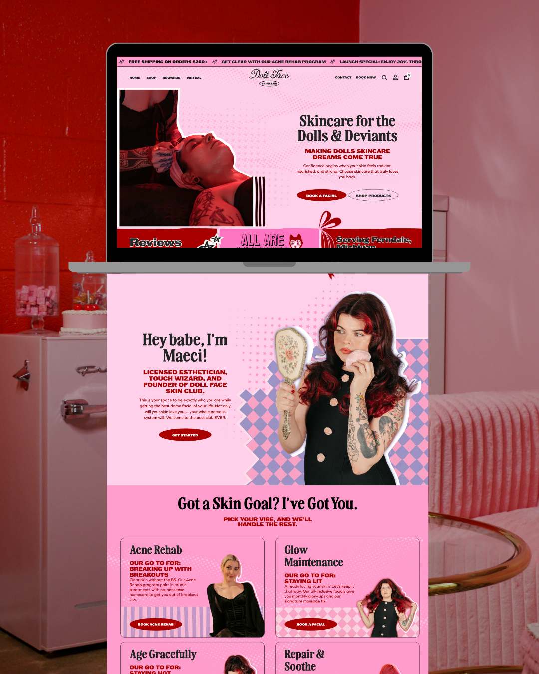 Laptop displaying a website about skincare, with a woman holding a mirror in front of a pink background.