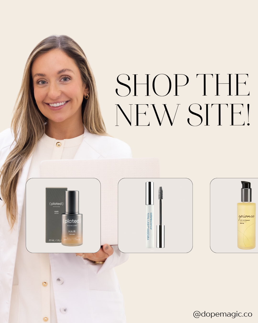 Screenshots of a skincare app with cream and white color scheme. Content includes articles and product displays.