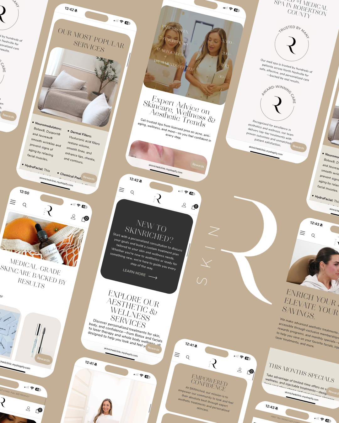 Mobile app screens with skincare content and a logo. Light beige color scheme.