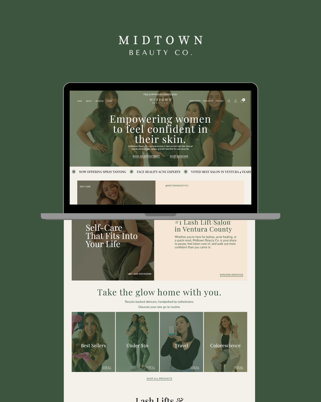 A laptop screen displays a Midtown Beauty Co. website featuring photos of women with text about feeling confident in skin.