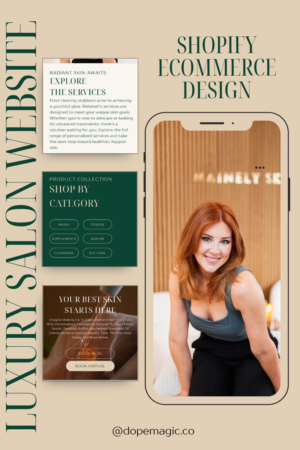 Website showing a skincare brand. The site has products, testimonials, and a woman smiling.