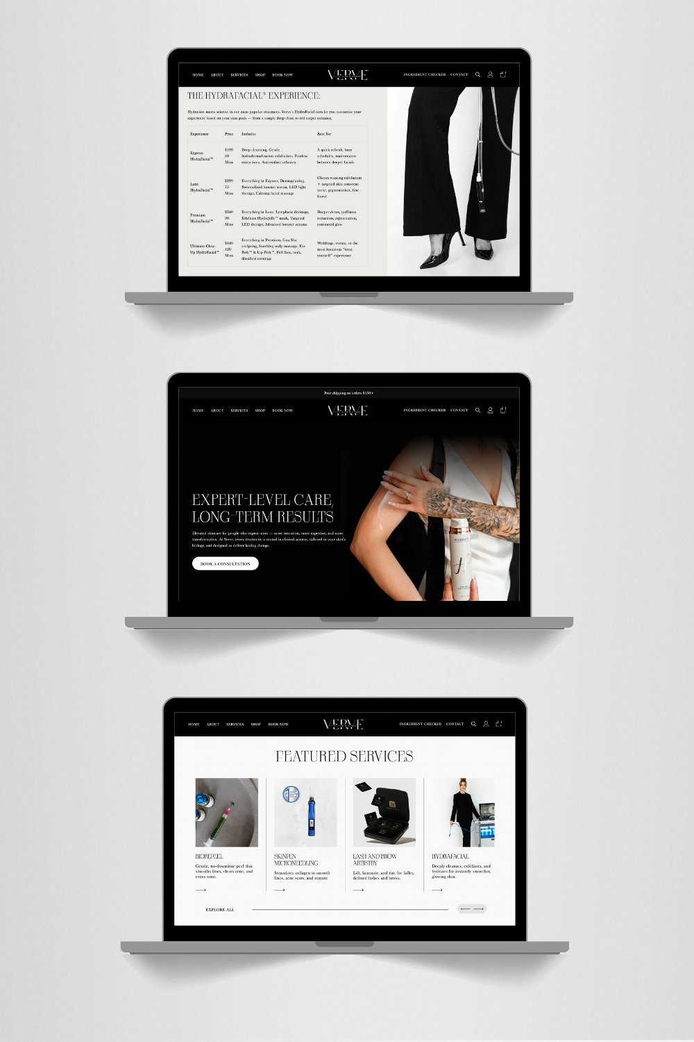 Three laptop screens displaying the Vibe website, featuring beauty and skincare services, services menu, and product listings.