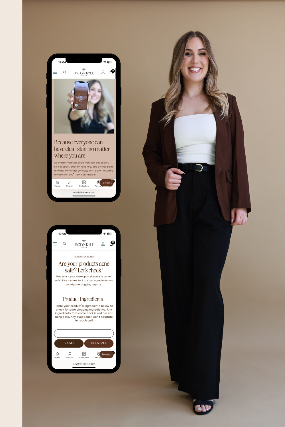 Woman in blazer and black pants with two phones displaying app content.