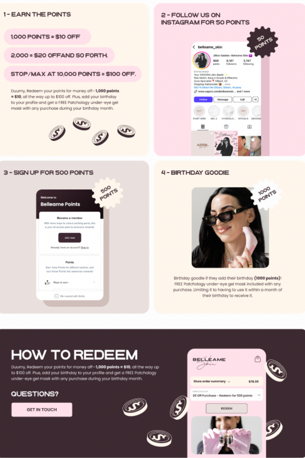 Website showing a skincare brand. The site has products, testimonials, and a woman smiling.