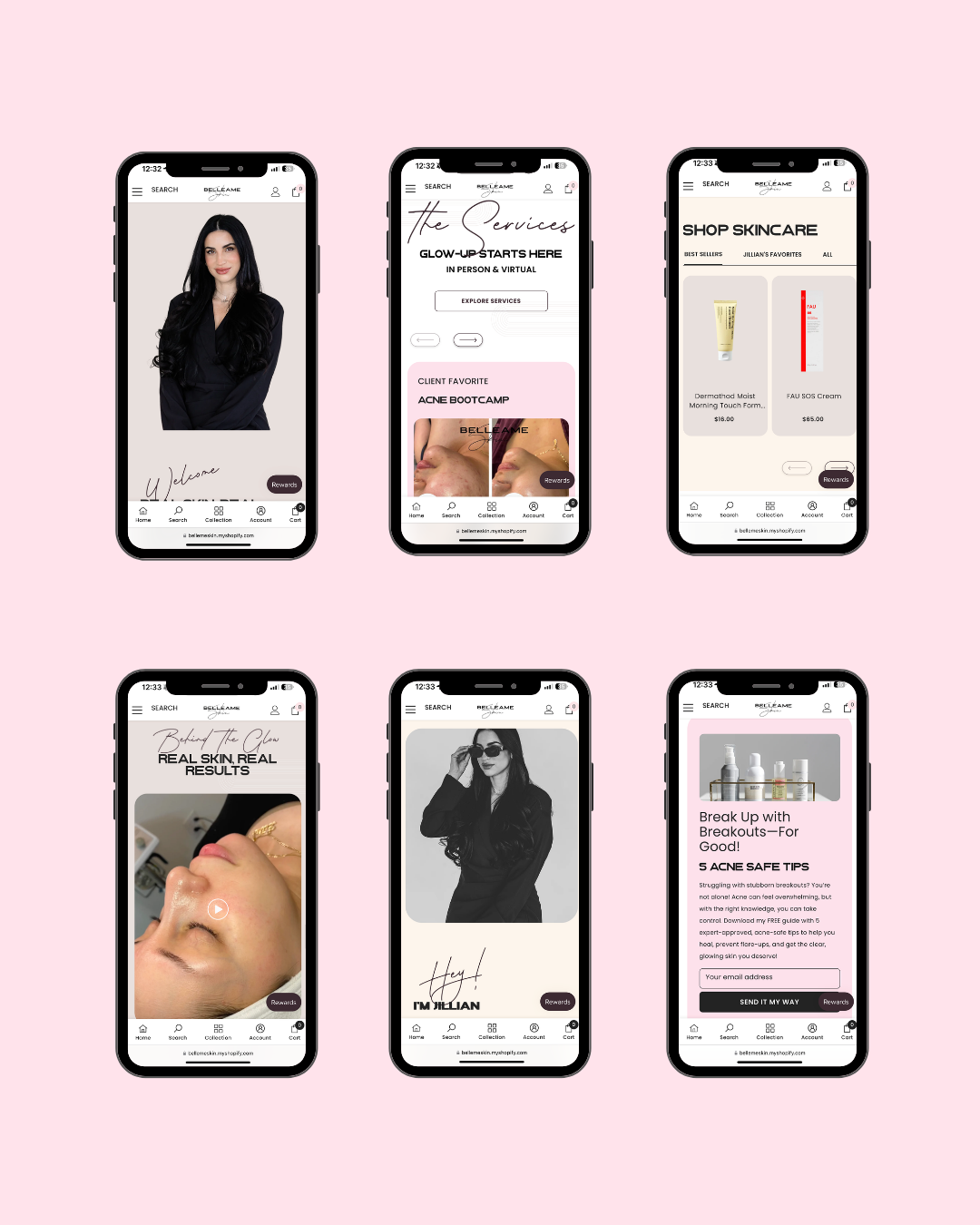 Six smartphone screens displaying content with photos, text, and design elements in beige and green, showcasing beauty or wellness information.