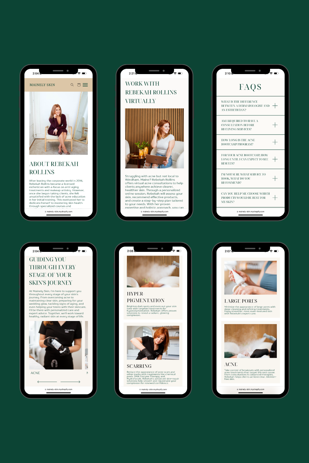 Six smartphone screens displaying content with photos, text, and design elements in beige and green, showcasing beauty or wellness information.