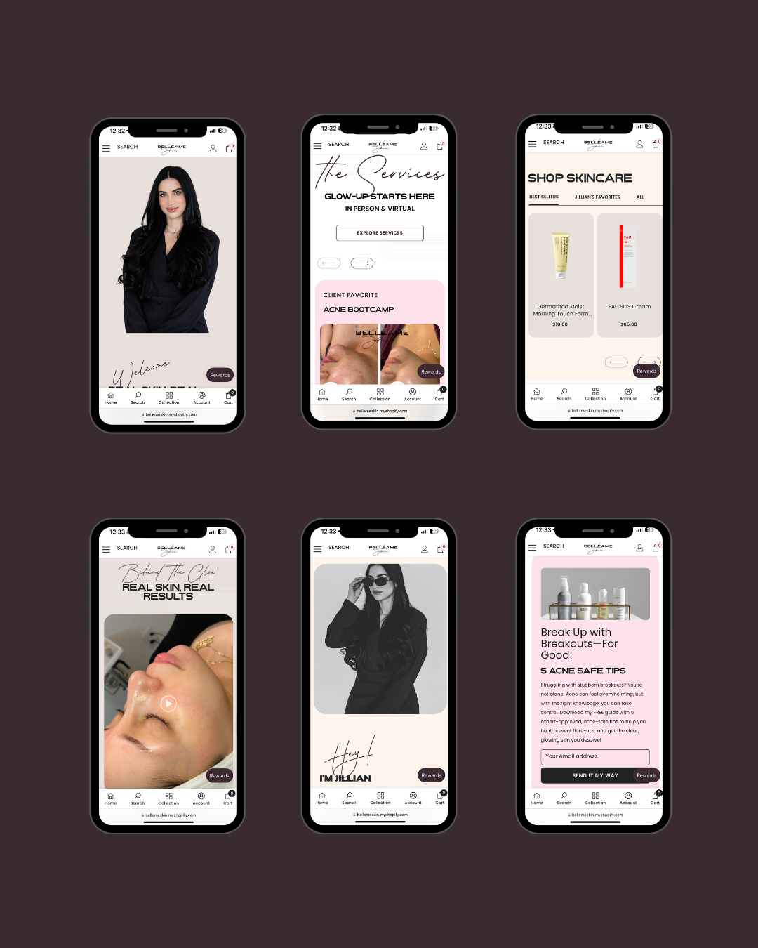 Six smartphone screens displaying a mobile app interface for a beauty or aesthetics brand, featuring photos and services.