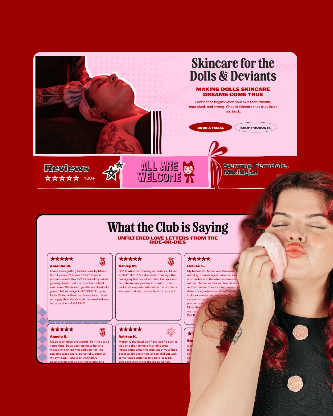 Skincare ad: A woman applying a pink face pad, with text 