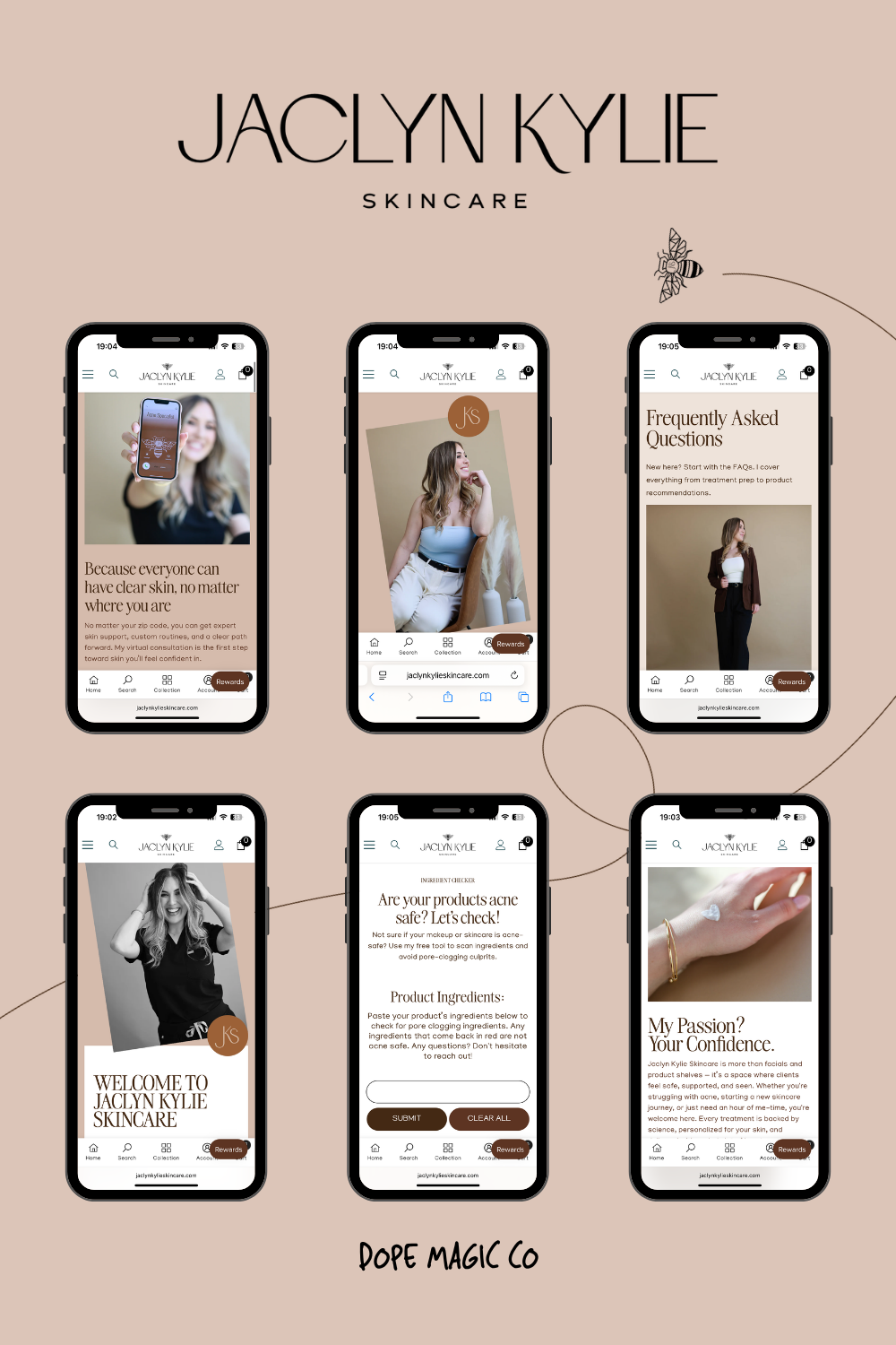 Jaclyn Kylie Skincare campaign with six phone displays. Includes product shots, model photos, and informational text.