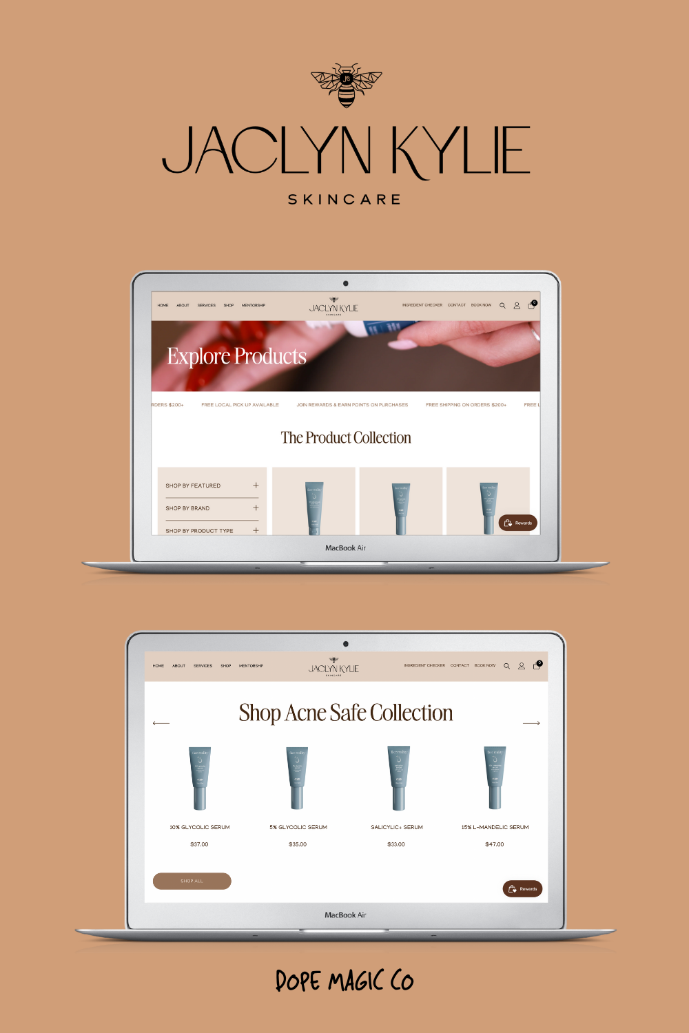 Two laptops displaying the Jaclyn Kylie skincare website.