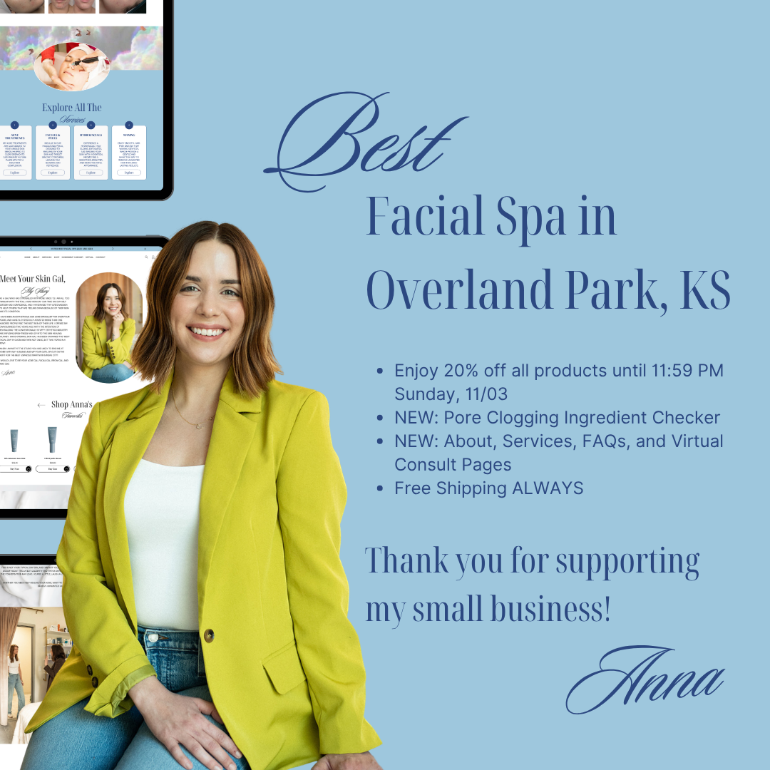 A woman in a yellow blazer smiles, promoting her facial spa in Overland Park, KS, featuring sales and new website tools.