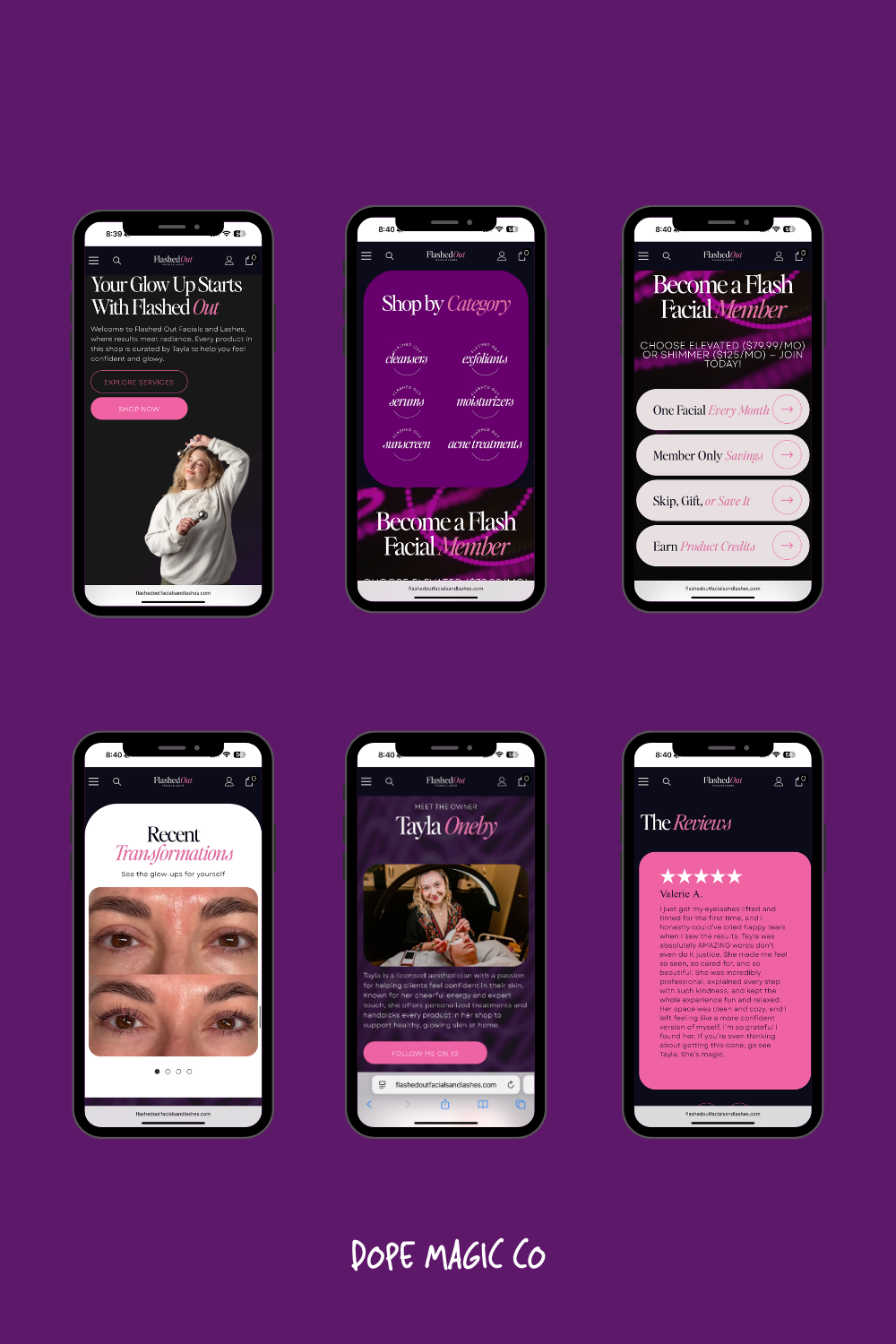 Six phone screens in purple, showcasing a beauty app interface for lash lift treatments with text, photos, and reviews.
