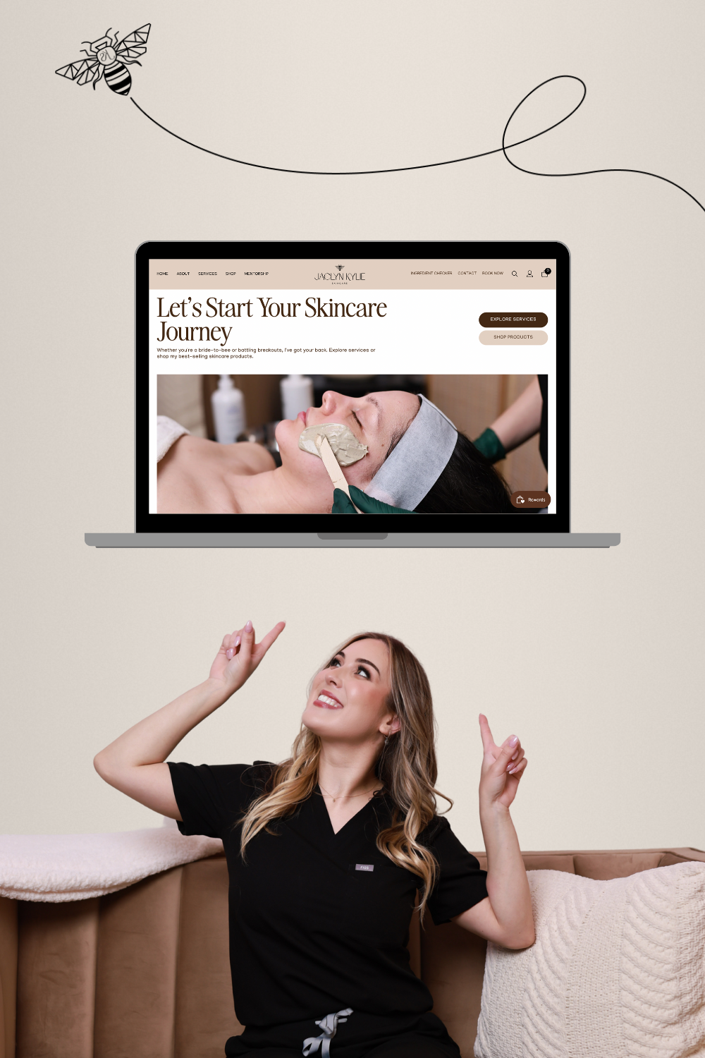 Woman points upward toward a laptop displaying a skincare website, a bee flies above.