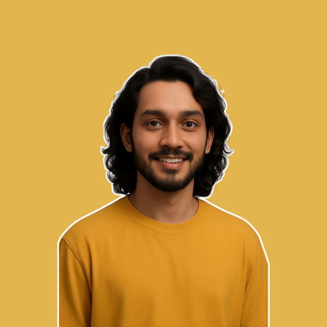 Man with shoulder-length dark hair and beard, smiling, wearing a yellow shirt against a gray backdrop.