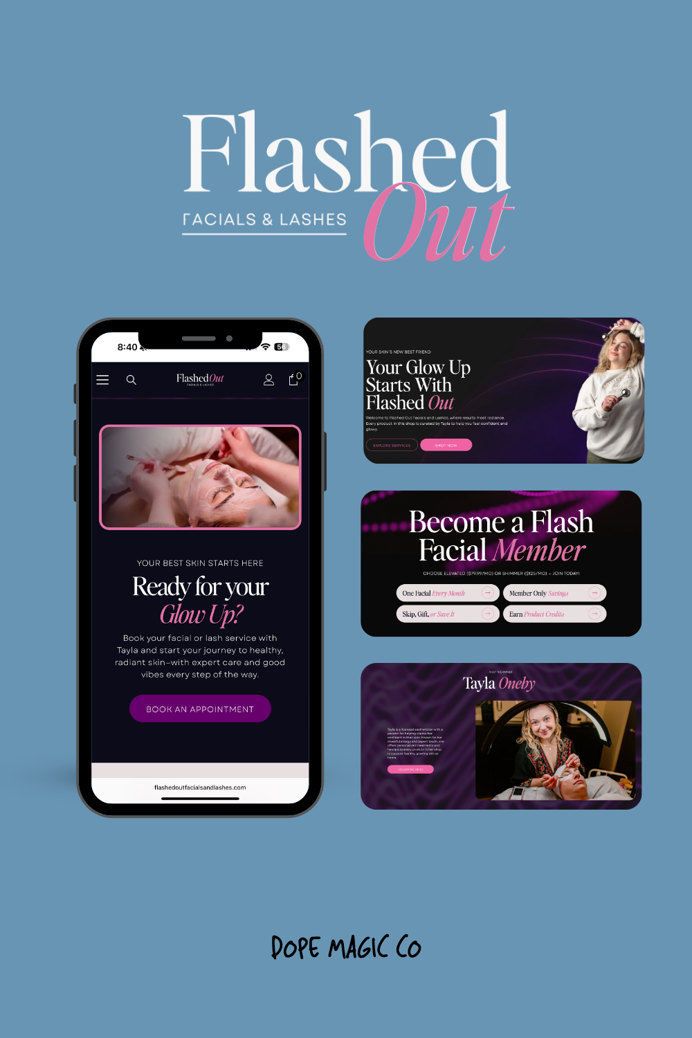 A blue background features the brand Flashed Out, showcasing a mobile website interface and three promotional web banners.