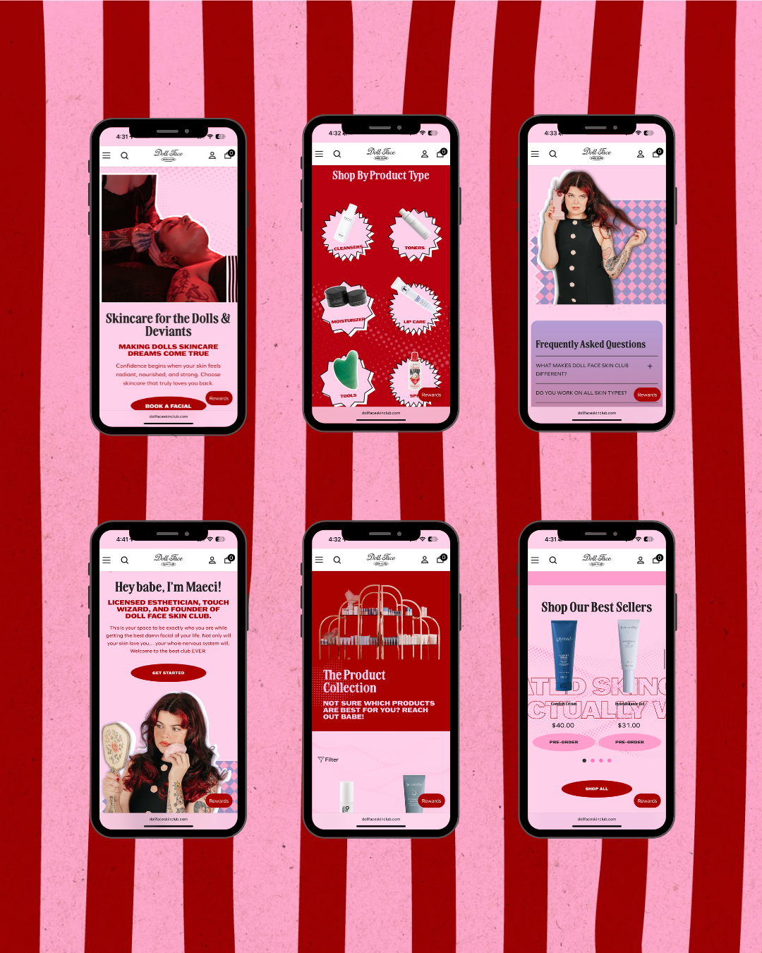 Six phone screens displaying beauty product promotions on a pink and red background.