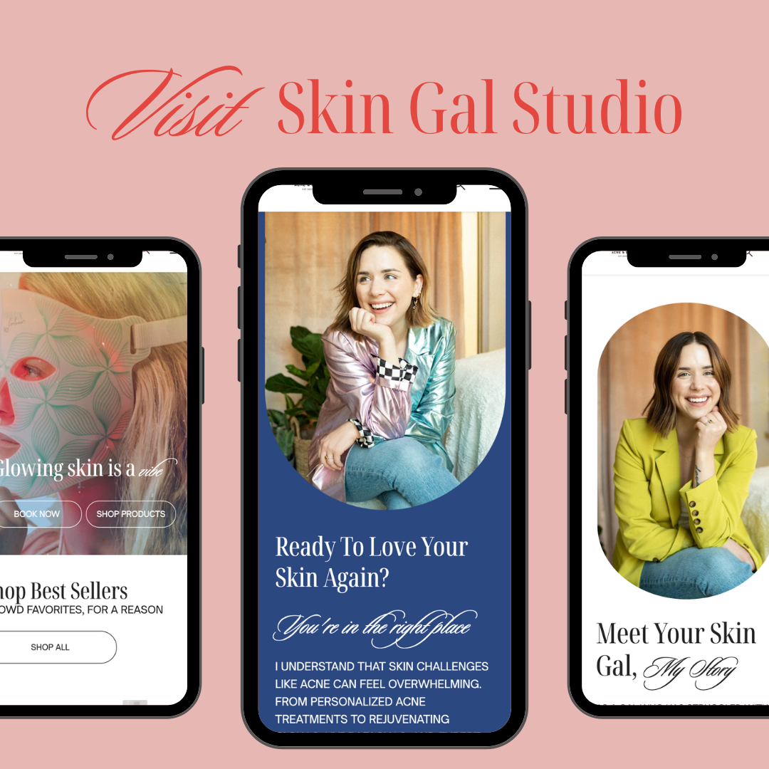 Three smartphone screens display the Skin Gal Studio website, featuring skincare treatments, brand info, and a founder.