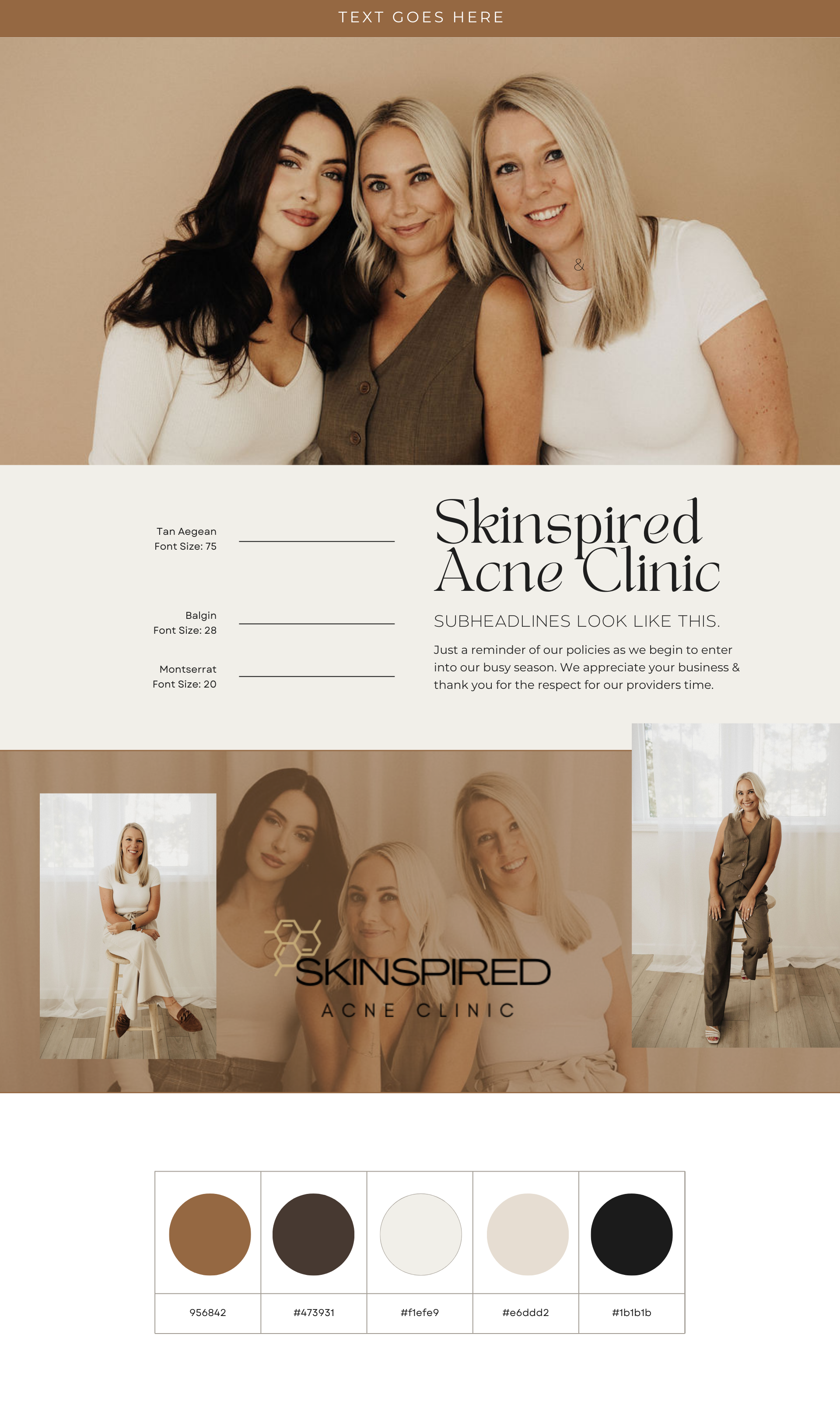 Three women, smiling, in a neutral-toned clinic; clinic's logo and color palette below.