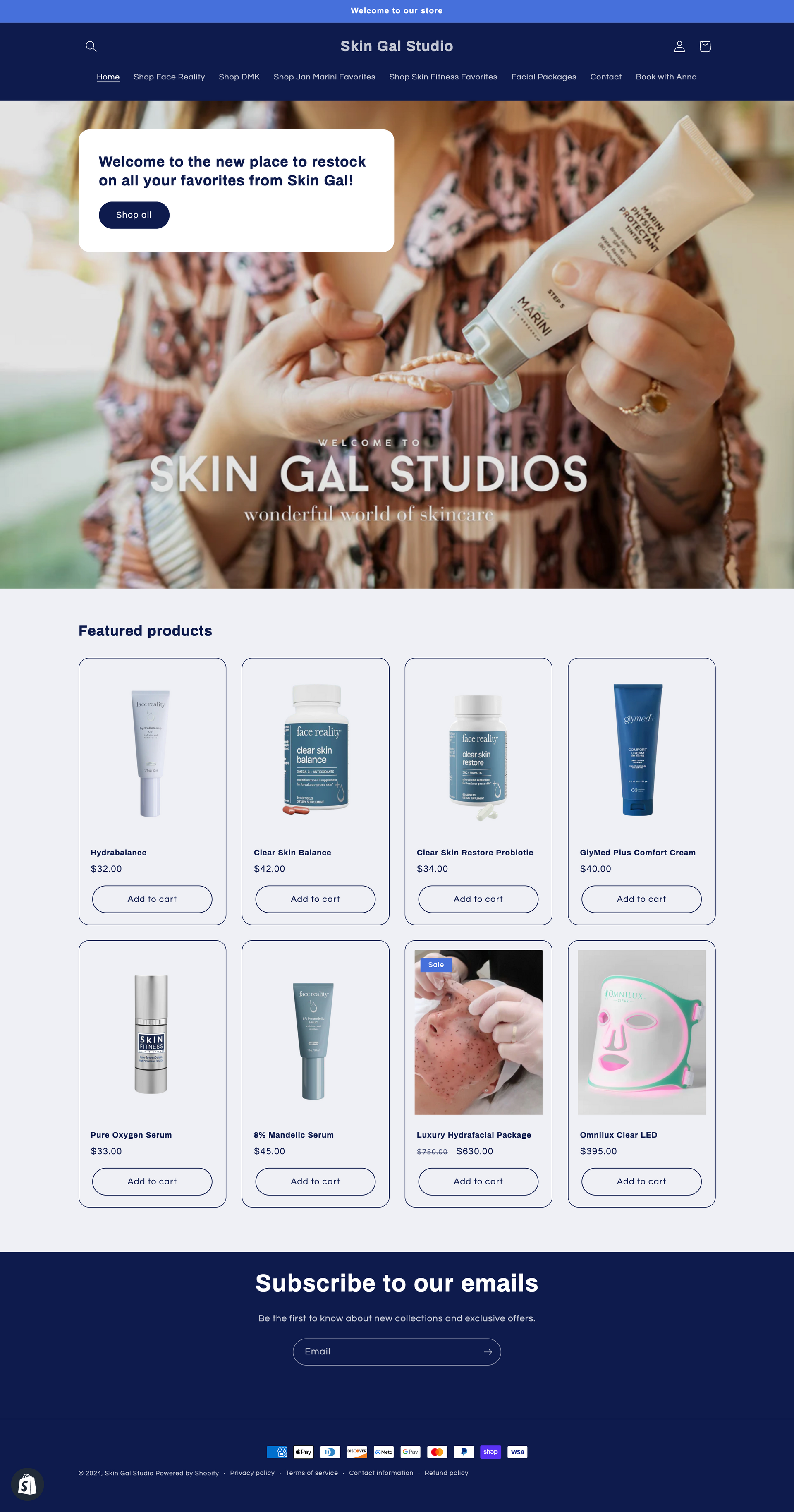 Skin Gal Studios homepage showing skincare products for sale with a person applying cream from a tube.