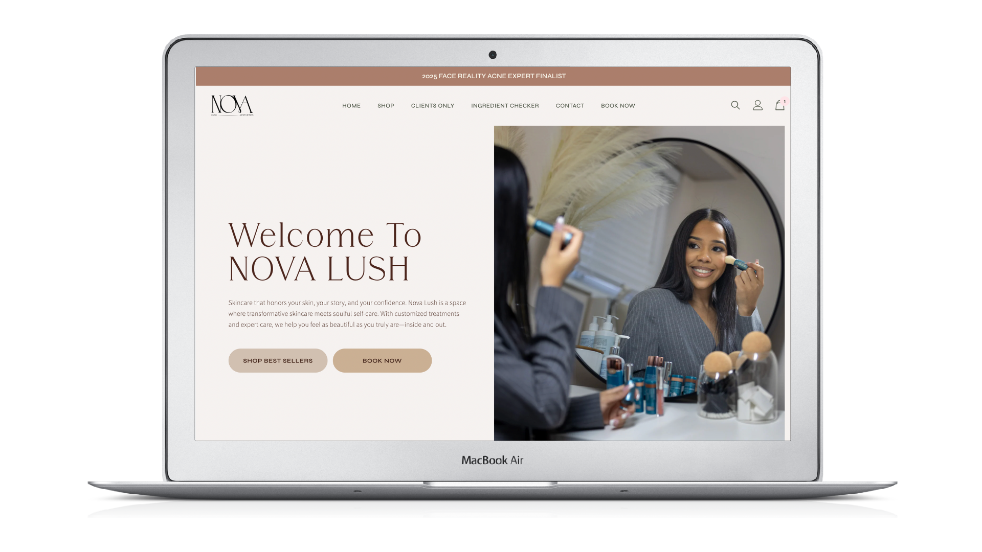 Laptop displaying a skincare website homepage. Woman in a sweater covers face.