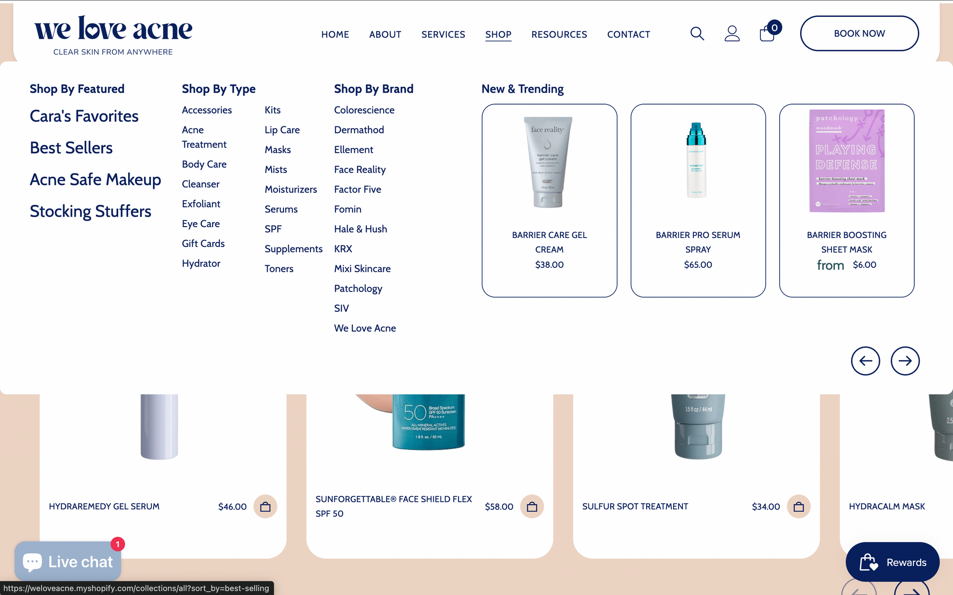 Website homepage with product categories and featured skincare items.