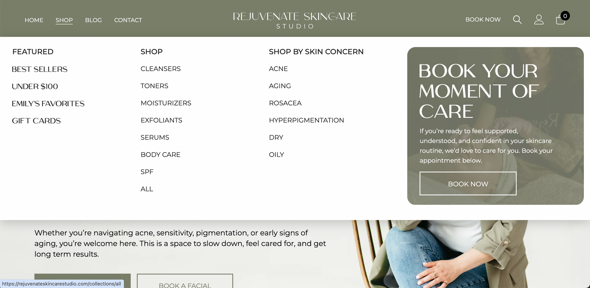 Website header for Illuminate Skincare featuring a shop navigation menu and a 'Book Your Moment of Care' call-to-action box.