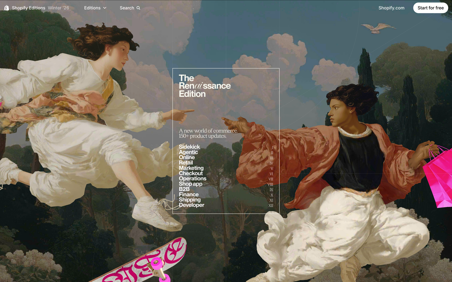 Two figures in flowing white and red clothing clash over a pink skateboard in a dreamy landscape.