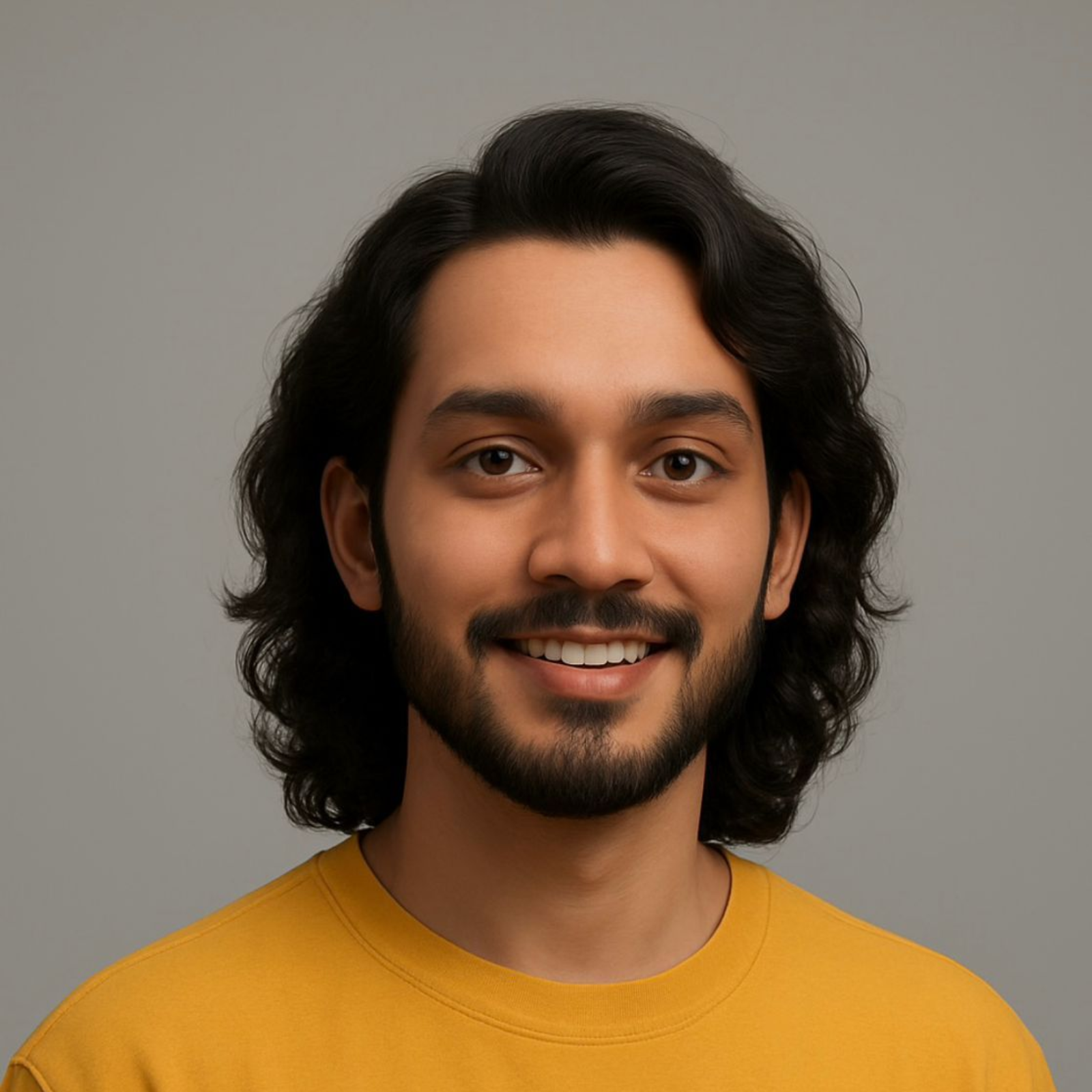 Man with shoulder-length dark hair and beard, smiling, wearing a yellow shirt against a gray backdrop.