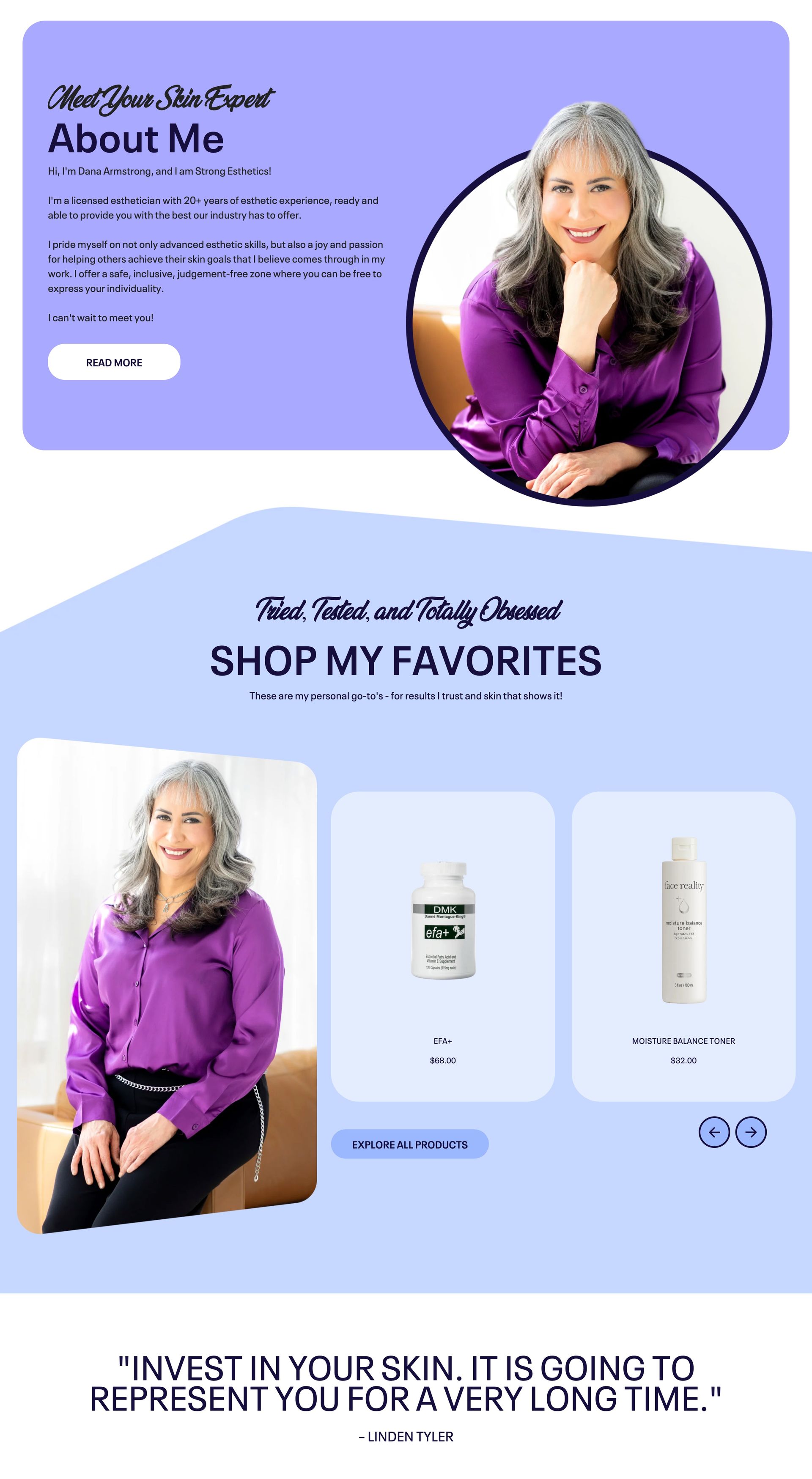 Website promoting skincare products; woman in purple shirt, skincare products, text about skin health.
