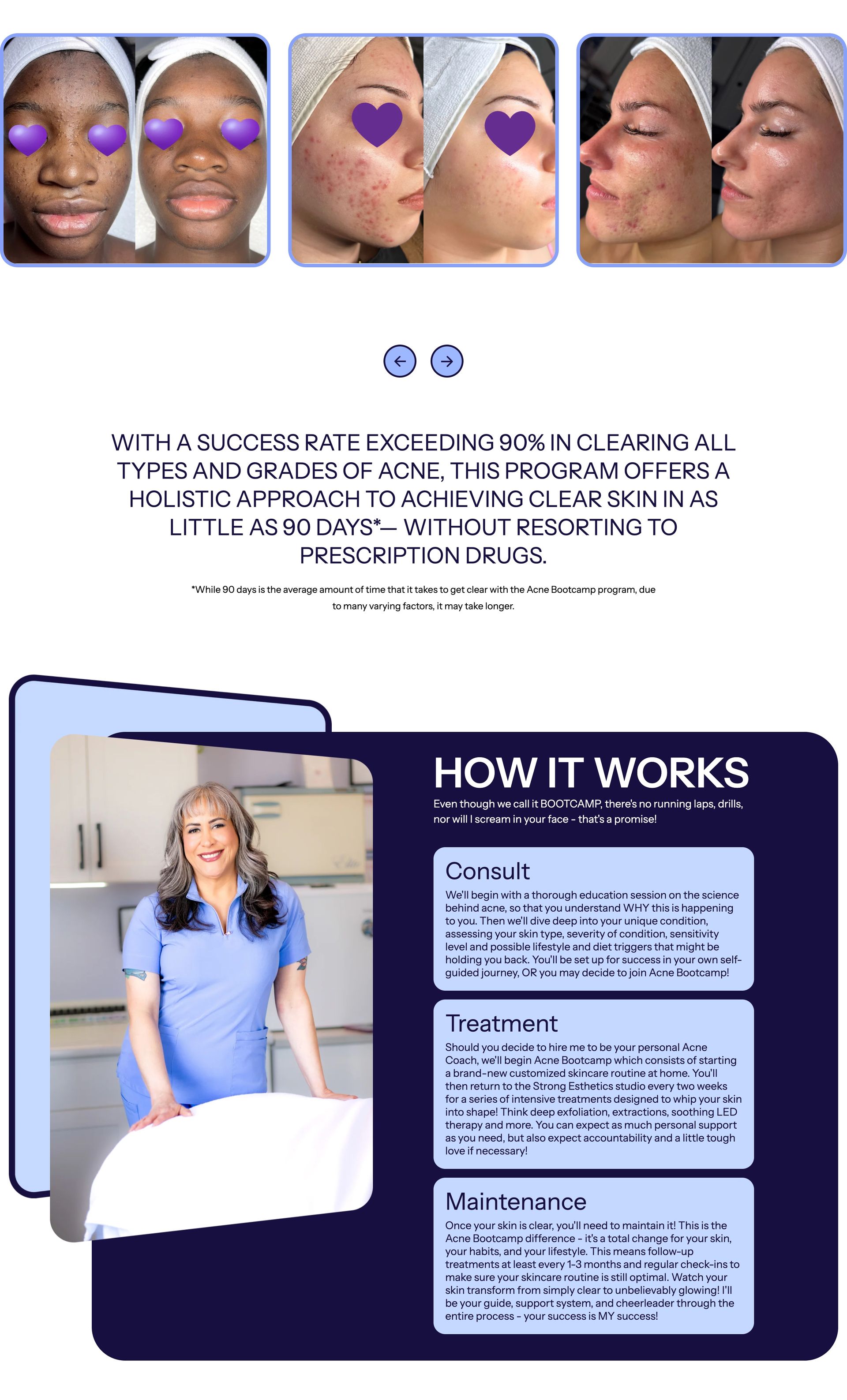 Before and after acne treatment photos, woman explaining process. Text: how it works, what to expect.