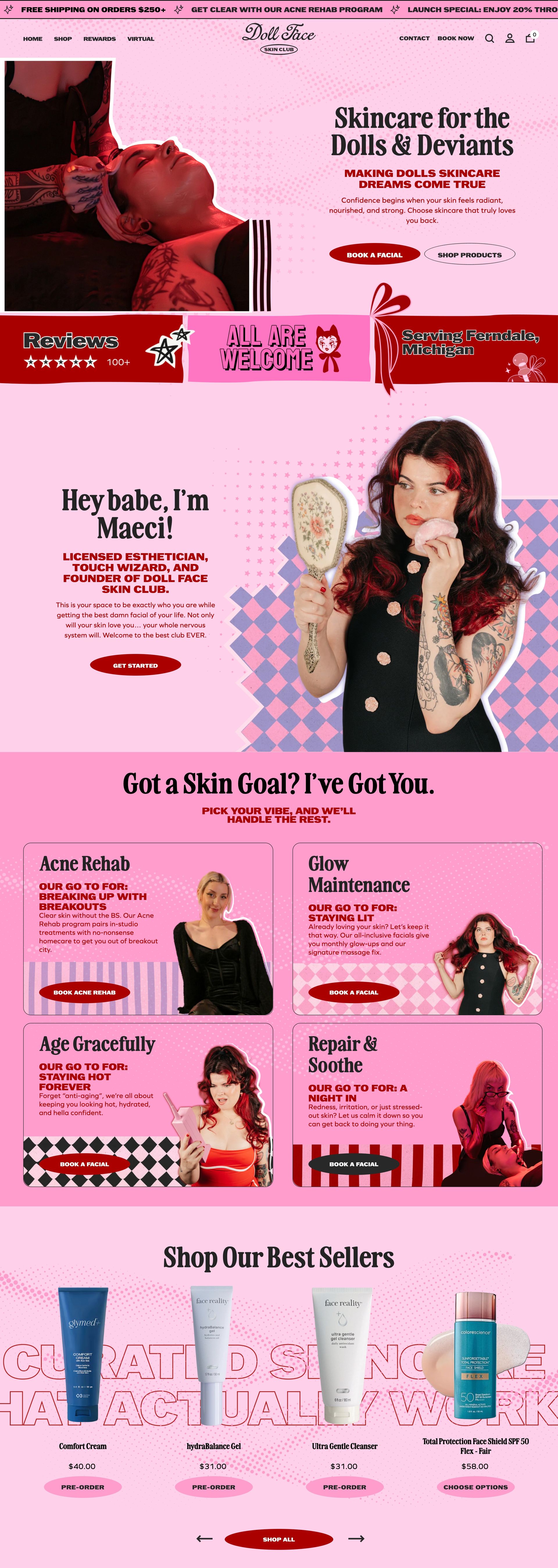 Website promoting beauty products with photos of women and product shots on a pink background.