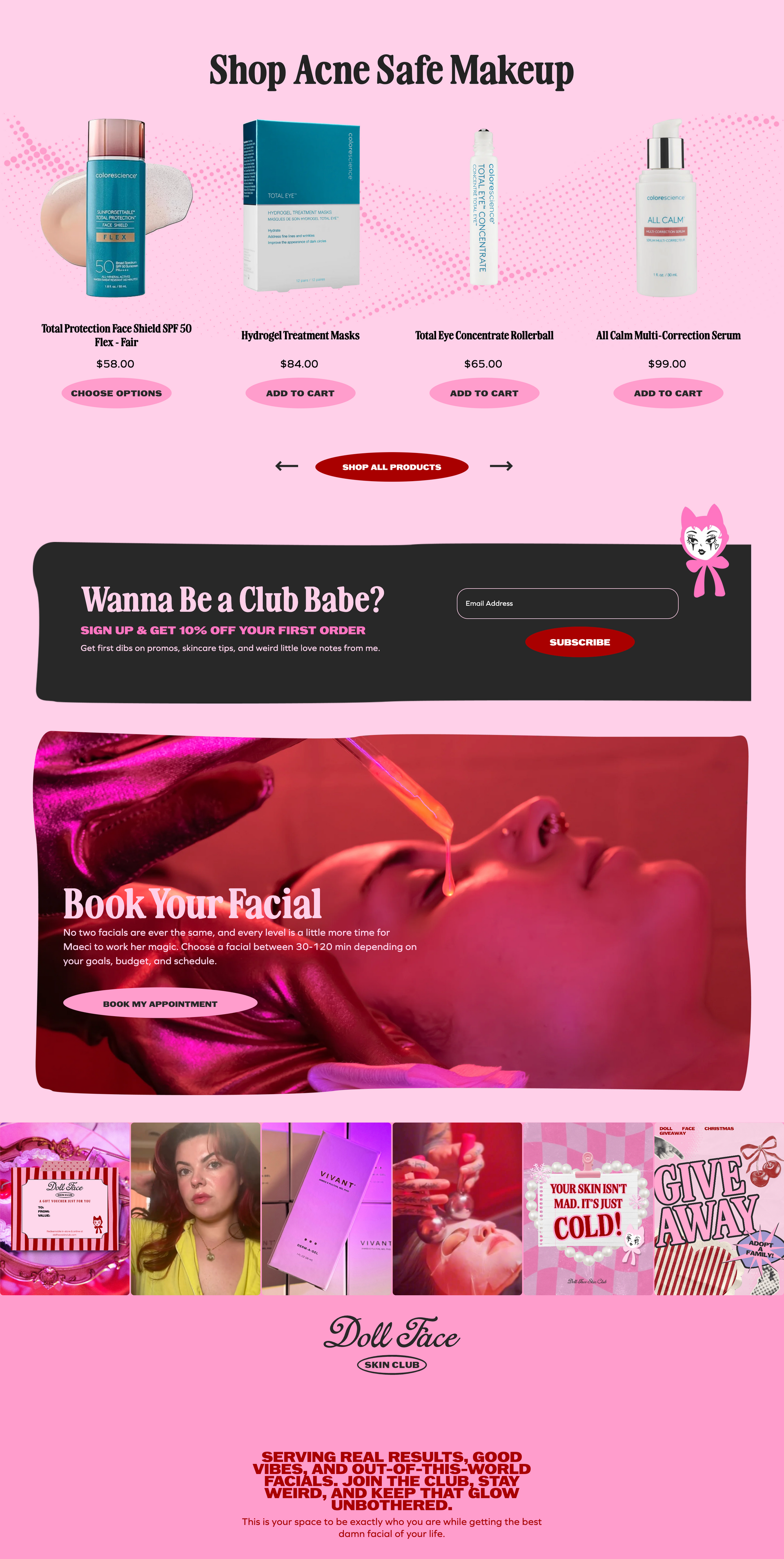 Pink banner with acne-safe makeup, subscription signup, and facial treatments.