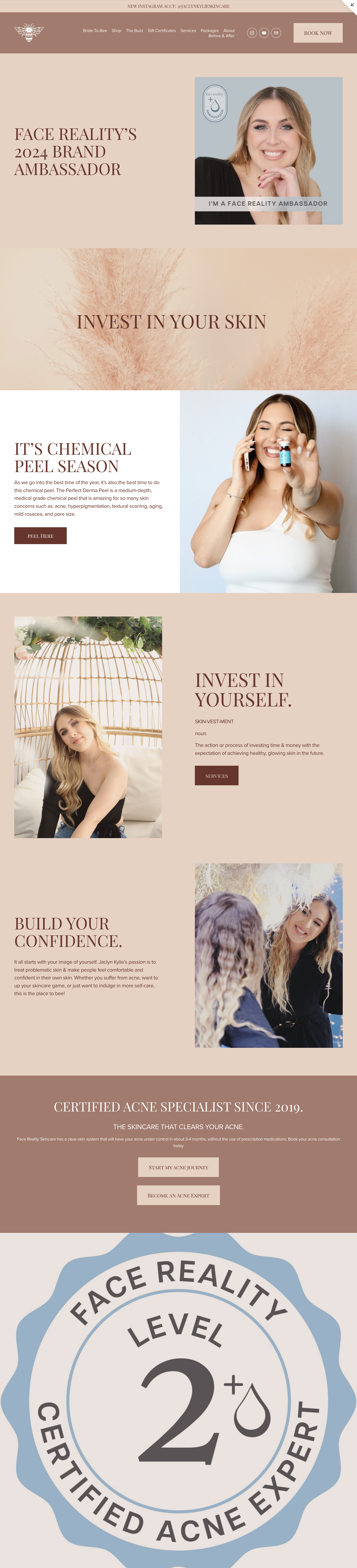 Website layout featuring women, skincare products, and testimonials. Earth tones dominate.