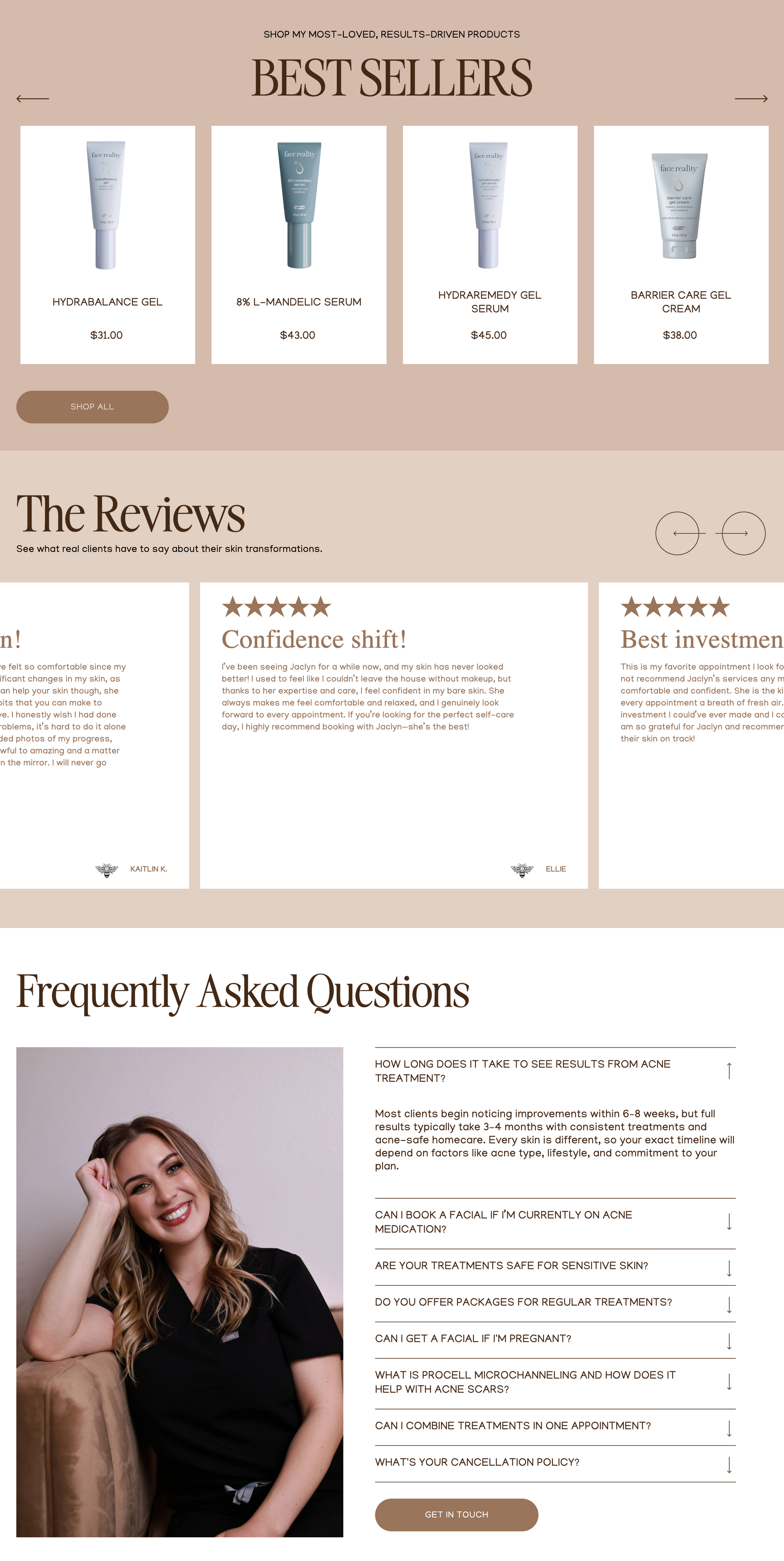 Website layout: Bestsellers, reviews, and FAQs; woman leaning on a chair.