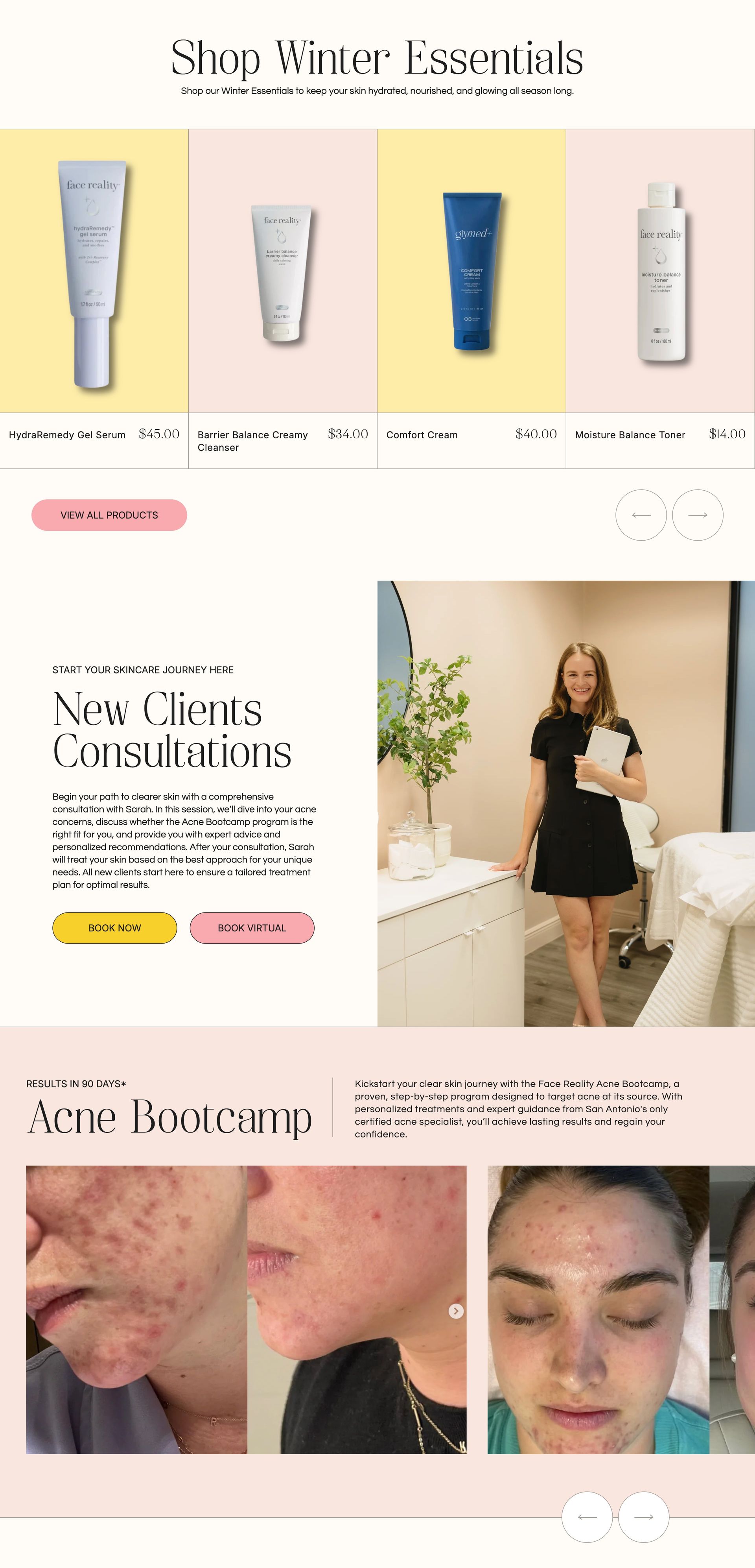 A marketing webpage for skincare services, featuring winter products, client consultation information, and acne before-afters.