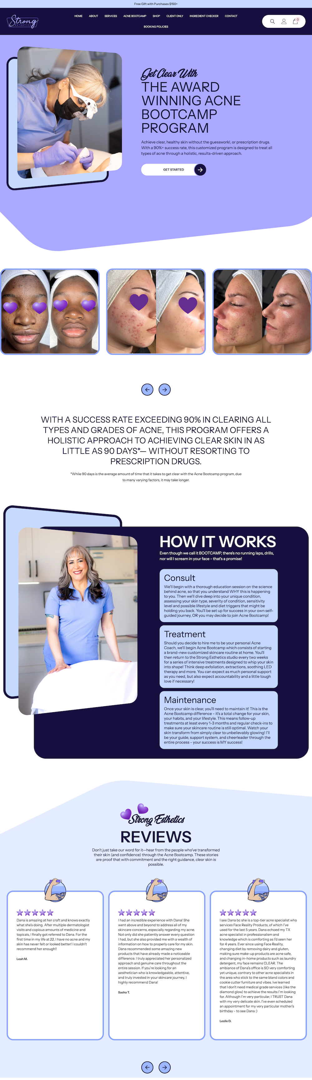 Website design for a beauty salon with images of procedures and staff, in shades of blue and white.