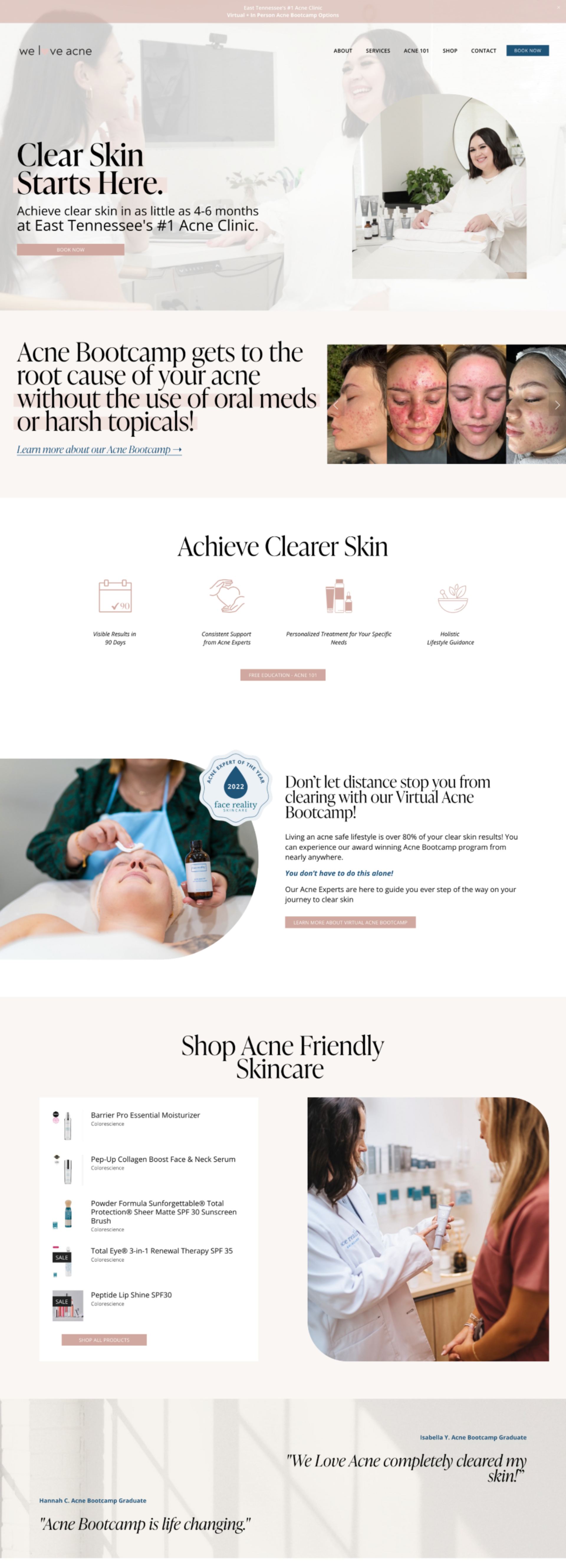 Website for a med spa. Photos of services and staff. Earth tones, clean design.